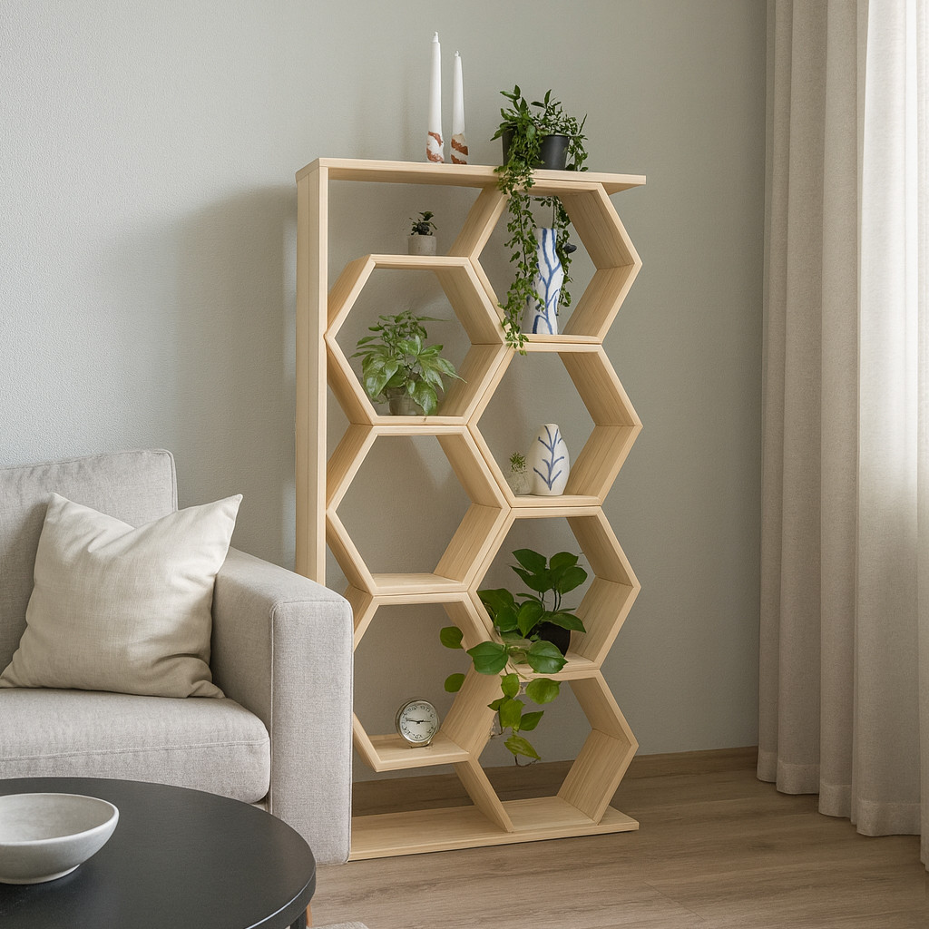 Вертикальний стелаж соти з натуральної сосни на 7 відділень Стелажі для квітів та декору в будинок або офіс, фото 1