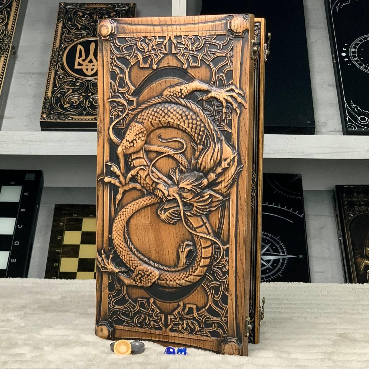 Нарди дерев'яні подарункові довгі та короткі нарди Дракон 46×23 см, фото 1