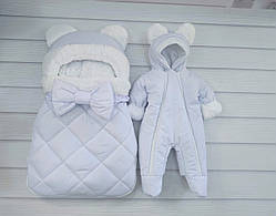 Теплий комплект для новонароджених, білий (однотонна плащова тканина)