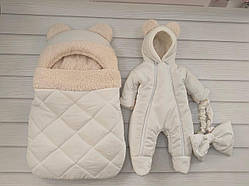 Теплий комплект для новонароджених, айворі (однотонна плащова тканина)