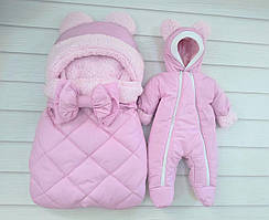 Теплий комплект для новонароджених, рожевий (однотонна плащова тканина)