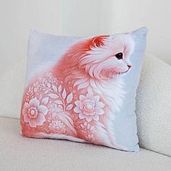 М'яка подушка Котик рожевий на сірому фоні з квітковим орнаментом 30см