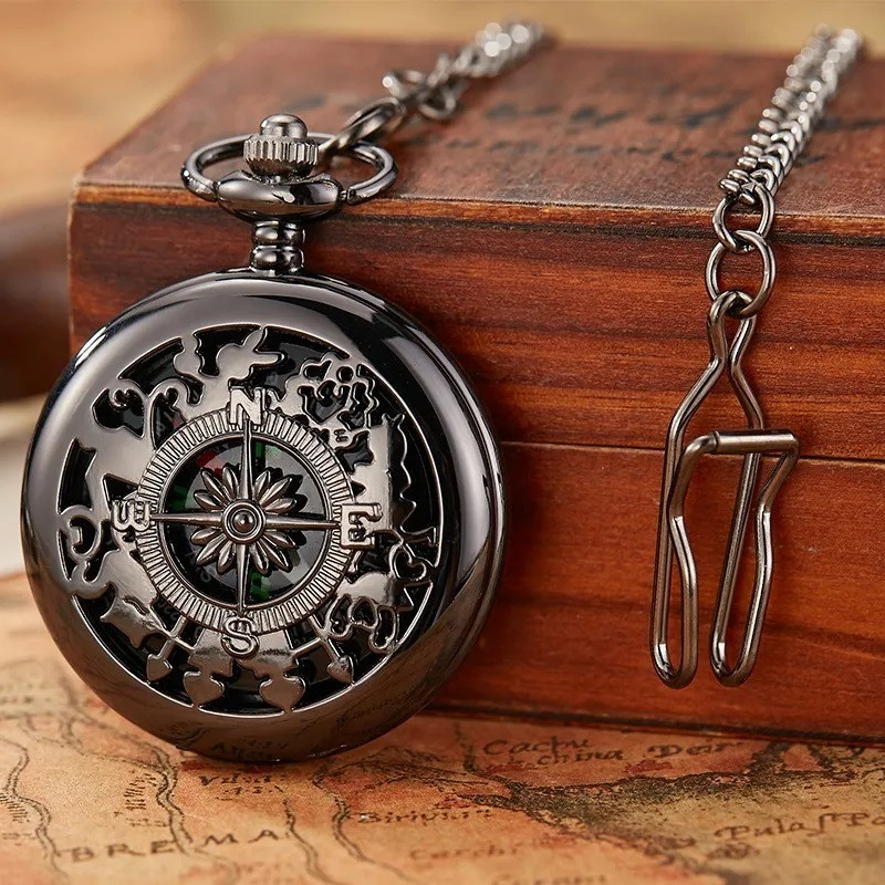 Креативний компас Чорний, у формі Класичних кишенькових годинників із ланцюжком, для альпінізму, риболовлі, подарунка., фото 1