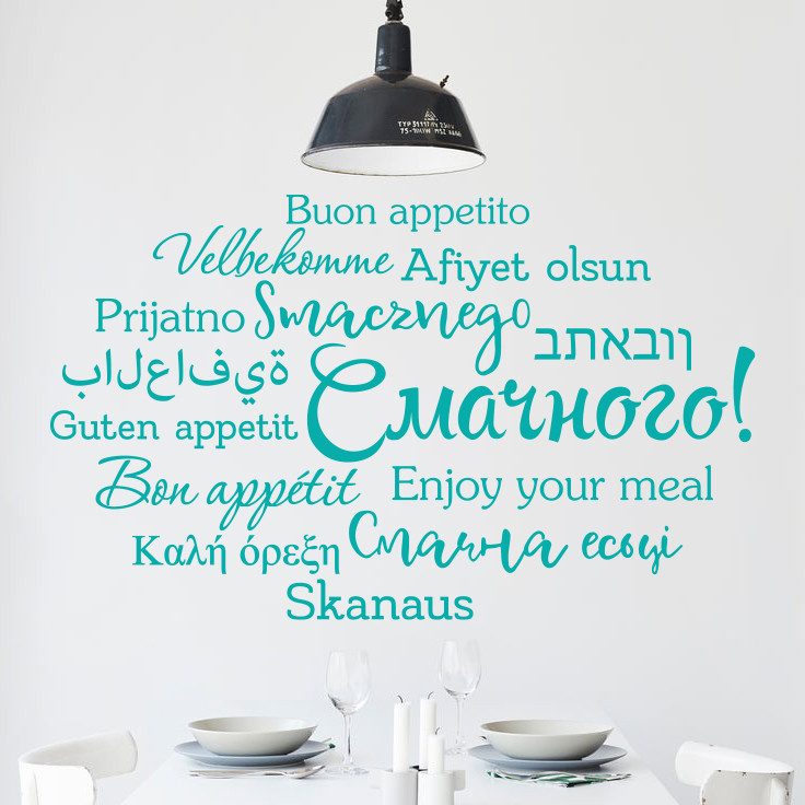 Наклейка на стіну та скло Смачного! (смачного багатьма мовами світу слова) матова 970х585 мм, фото 1