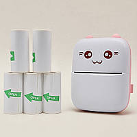Портативний міні принтер з набором клейкого паперу 5 рулонів, дитячий кишеньковий термопрінтер з Bluetooth "Котик"