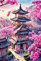 Діамантова вишивка. Картина на підрамнику Японська пагода, 40х60см, квадратні стрази
