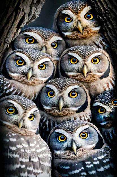 Діамантова вишивка. Картина на підрамнику "Допитливі сови", 40х60см, квадратні стрази, фото 1