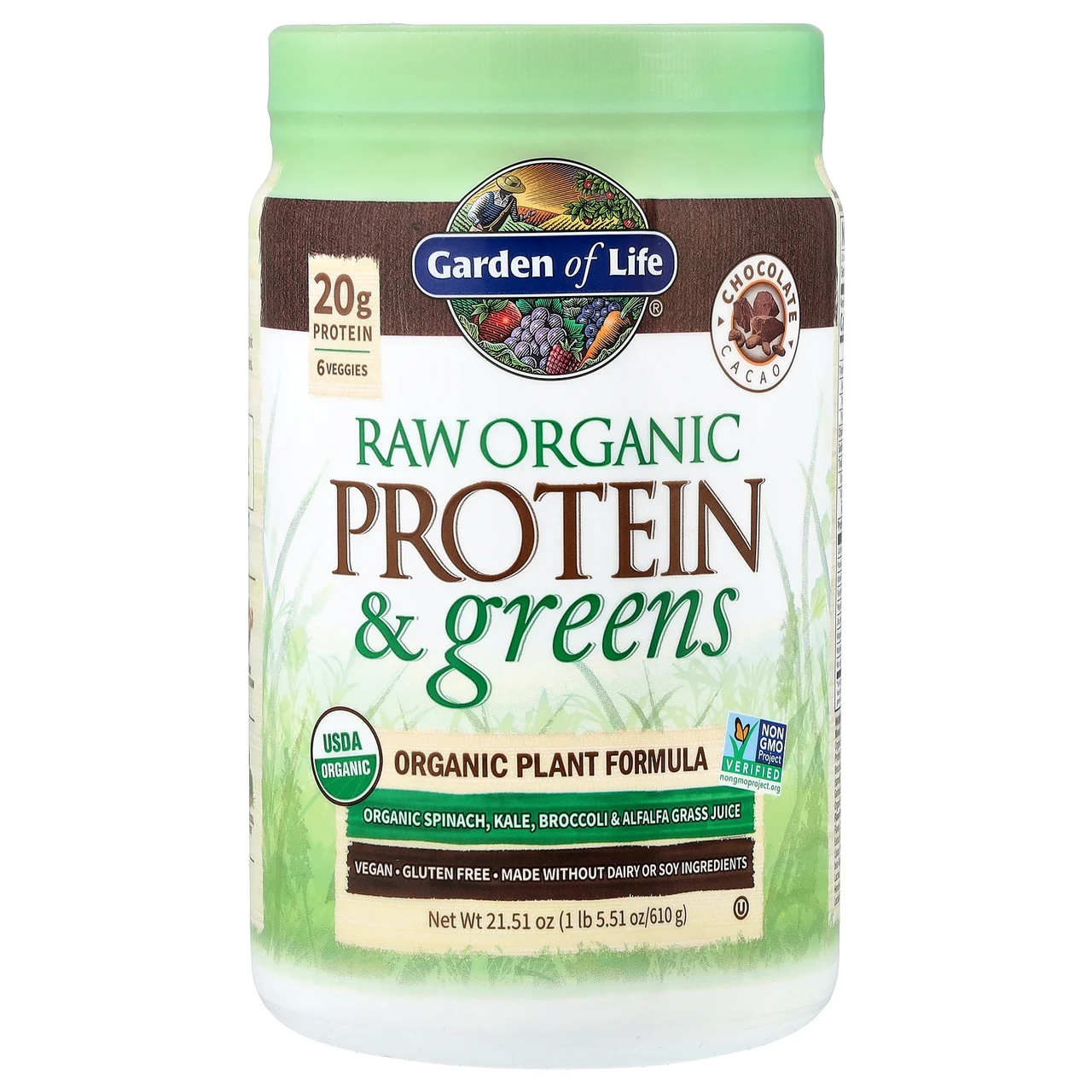 Garden of Life, сирий білок і зелень, формула з органічними рослинами, шоколадне какао, 610 г, Київ, фото 1