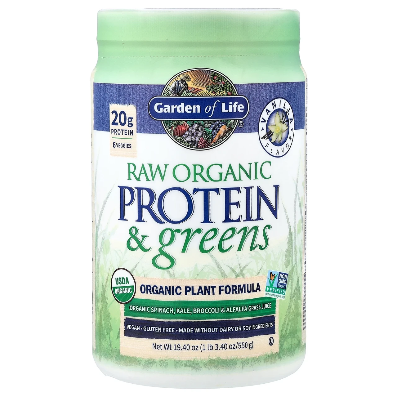 Garden of Life, RAW Protein & Greens, формула з органічними рослинами, ваніль, 550 г (19,40 унції), Київ, фото 1