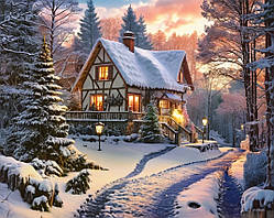 Діамантова вишивка. Картина на підрамнику "Будинок в зимовому лісі", 40х50см, квадратні стрази