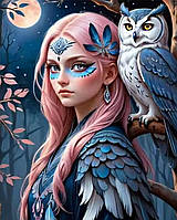 Діамантова вишивка. Картина на підрамнику "Дівчина-сова", 40х50см, квадратні стрази