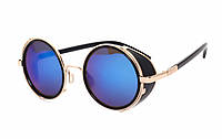 Стильні великі круглі жіночі окуляри (сині + золота оправа)