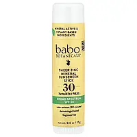 Babo Botanicals, прозорий сонцезахисний стик із цинком, SPF 30, без запашників, 17 г (0,6 унції)
