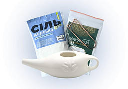 Набір для промивання носа (неті пот + морська сіль + скребок для язика) білий