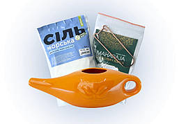 Набір для промивання носа (неті пот + морська сіль + скребок для язика) жовтогарячий