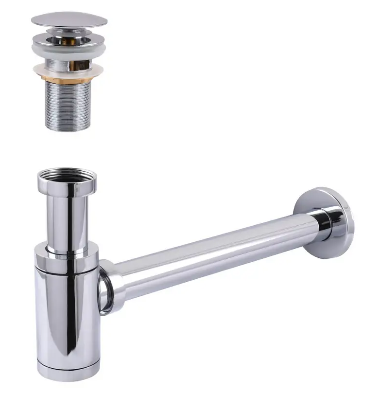 Сифон металевий з донним клапаном з переливом латунний 1 1/4" Globus Lux GS-32-105-03A хром, фото 1