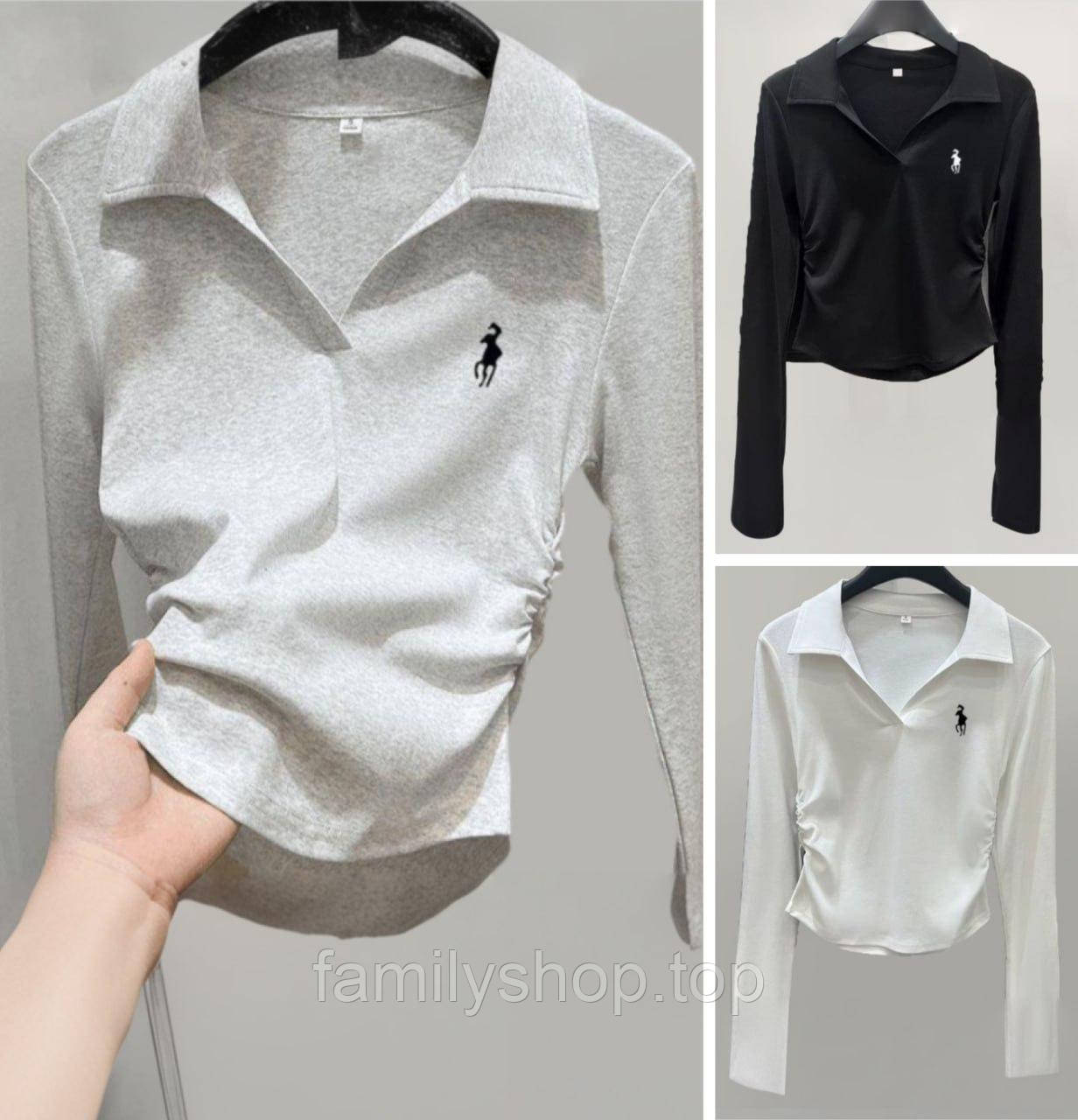 Жіноча кофта-поло з коміром стильна молодіжна з довгим рукавом, біла, сіра, чорна, розмір 42/46, фото 1