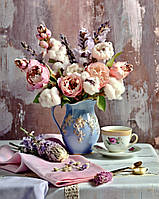 Діамантова вишивка. Картина на підрамнику "Букет півоній з бавовною", 40х50см, квадратні стрази