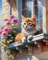 Діамантова вишивка. Картина на підрамнику "Котик чекає маму", 40х50см, квадратні стрази