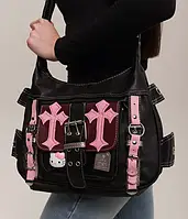Сумка через плече шкільна з екошкіри молодіжна з рожевими хрестами в стилі y2k, 32x23x10 см, чорна