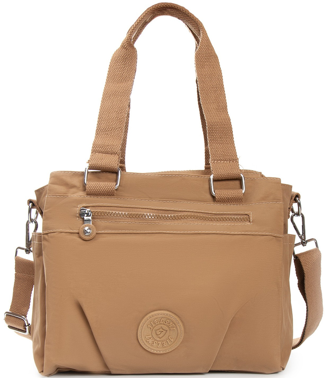 Сумка на три відділи жіноча тканинна на плече коричнева полотняна на блискавці з кишенями Jielshi 0881