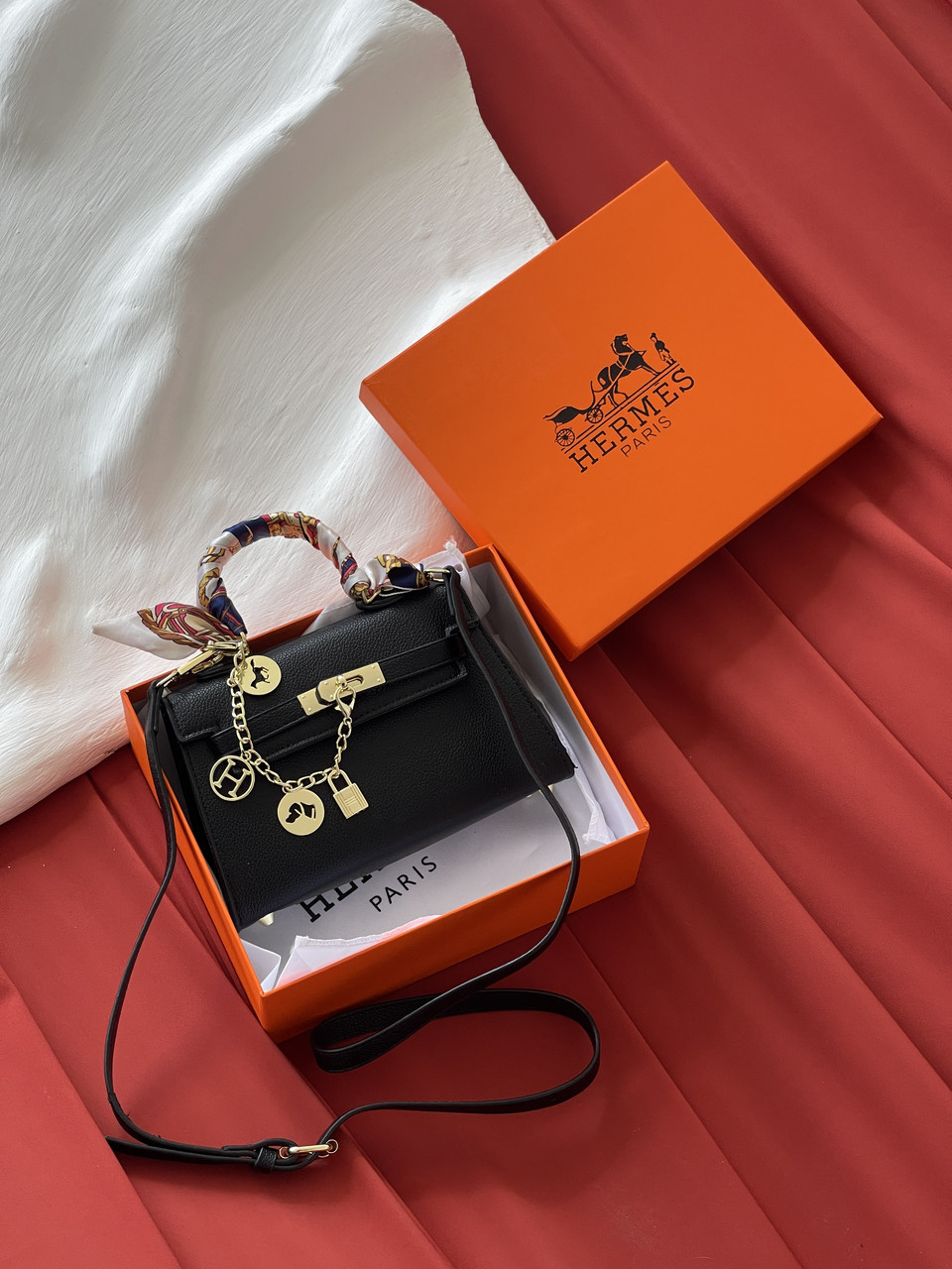 Сумка жіноча Hermes Kelly Kelly з хустинкою чорний 20*15см, фото 1