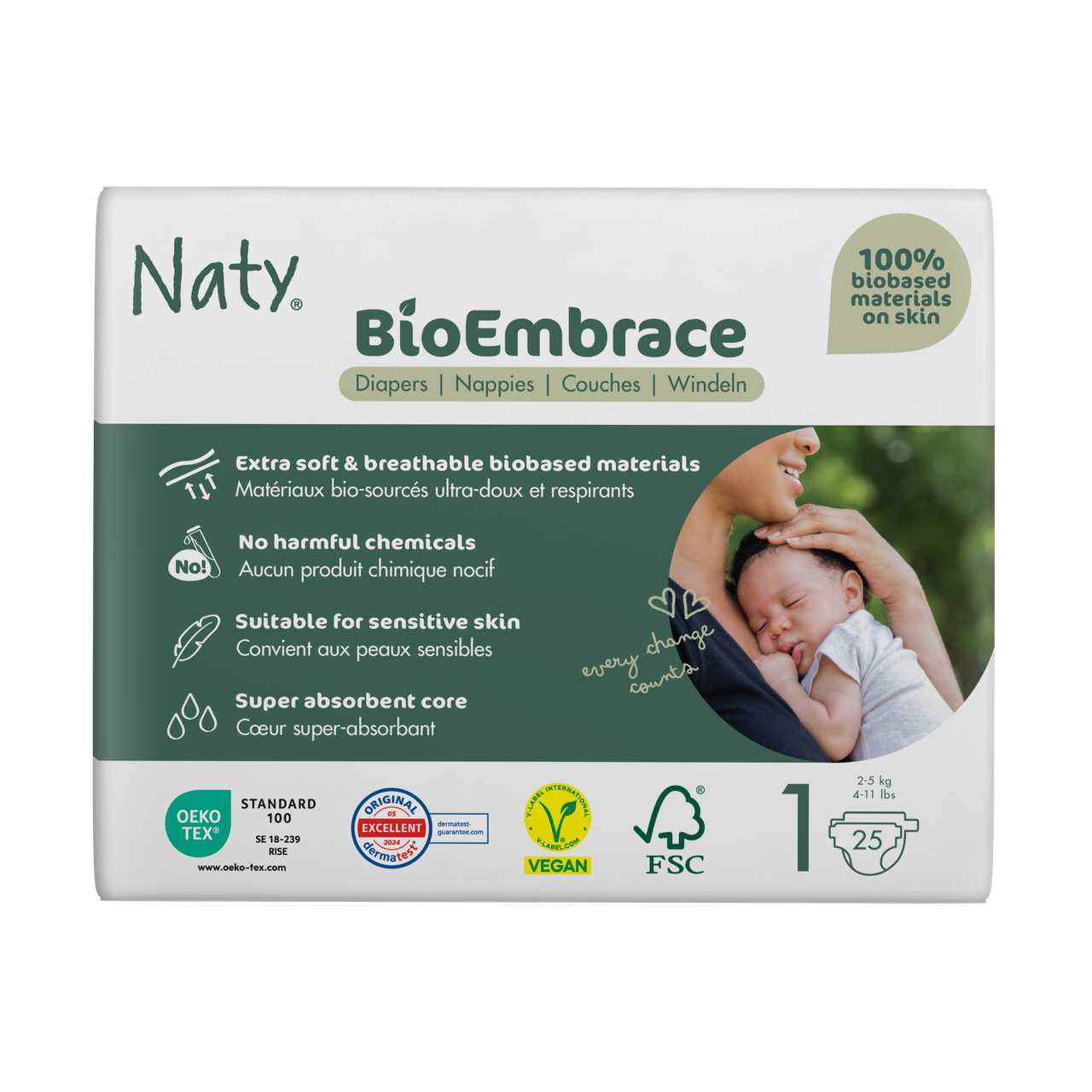 Одноразові дитячі підгузки BioEmbrace "NATY". Розмір 1 (2-5 кг.), 25шт. в упаковці.