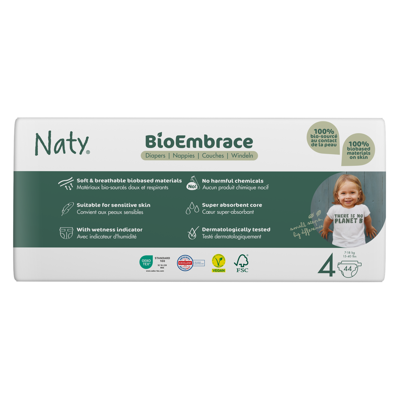 Одноразові дитячі підгузки BioEmbrace "NATY". Розмір 4 (7-18 кг.), 44 шт. в упаковці.