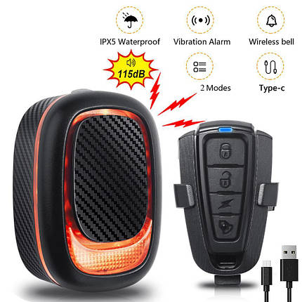 Велофара A5P-LED (red), виносна кнопка, Waterproof, ЗП Type-C, Li-Ion ак., дзвінок, фото 1