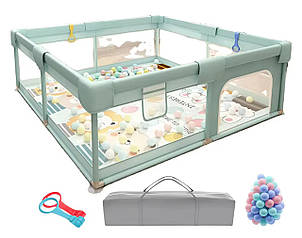 Дитячий манеж Terrio Classic L 150х180 см Салатовий з двома ручками і 60 різнокольоровими м'ячами
