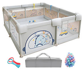 Дитячий манеж Terrio Dinosaur L 150х180 см Сірий з двома ручками і 60 різнокольоровими м'ячами
