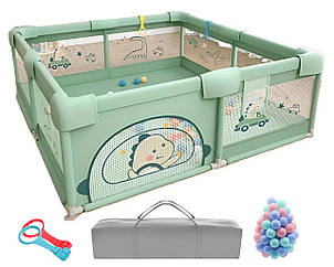 Дитячий манеж Terrio Dinosaur XL 180х200 см Салатовый з двома ручками і 60 різнокольоровими м'ячами