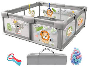 Дитячий манеж Terrio Lion L 150х180 см Сірий з двома ручками і 60 різнокольоровими м'ячами