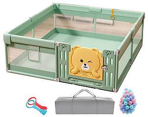 Дитячий манеж Terrio Teddy L 150х180см Салатовий з пластиковими дверима, двома ручками і 60 різнокольоровими м'ячами