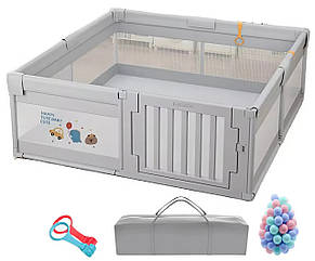 Дитячий манеж Terrio Happy L 150х180 см Сірий з пластиковими дверима, двома ручками і 60 різнокольоровими м'ячами