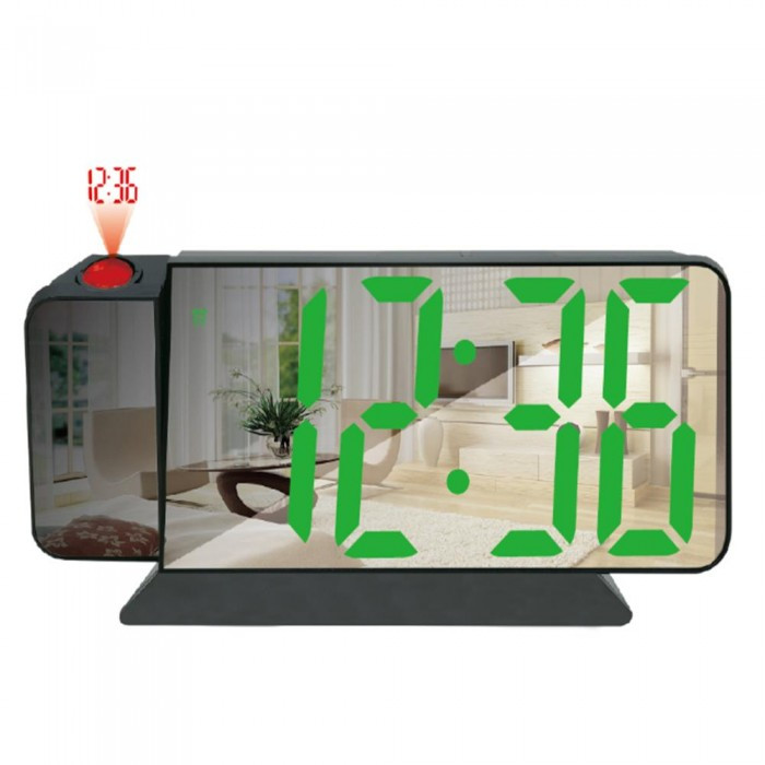 Цифровий годинник настільний із проєкцією VST-900-4 з датчиком температури, зелений LED-дисплей, фото 1