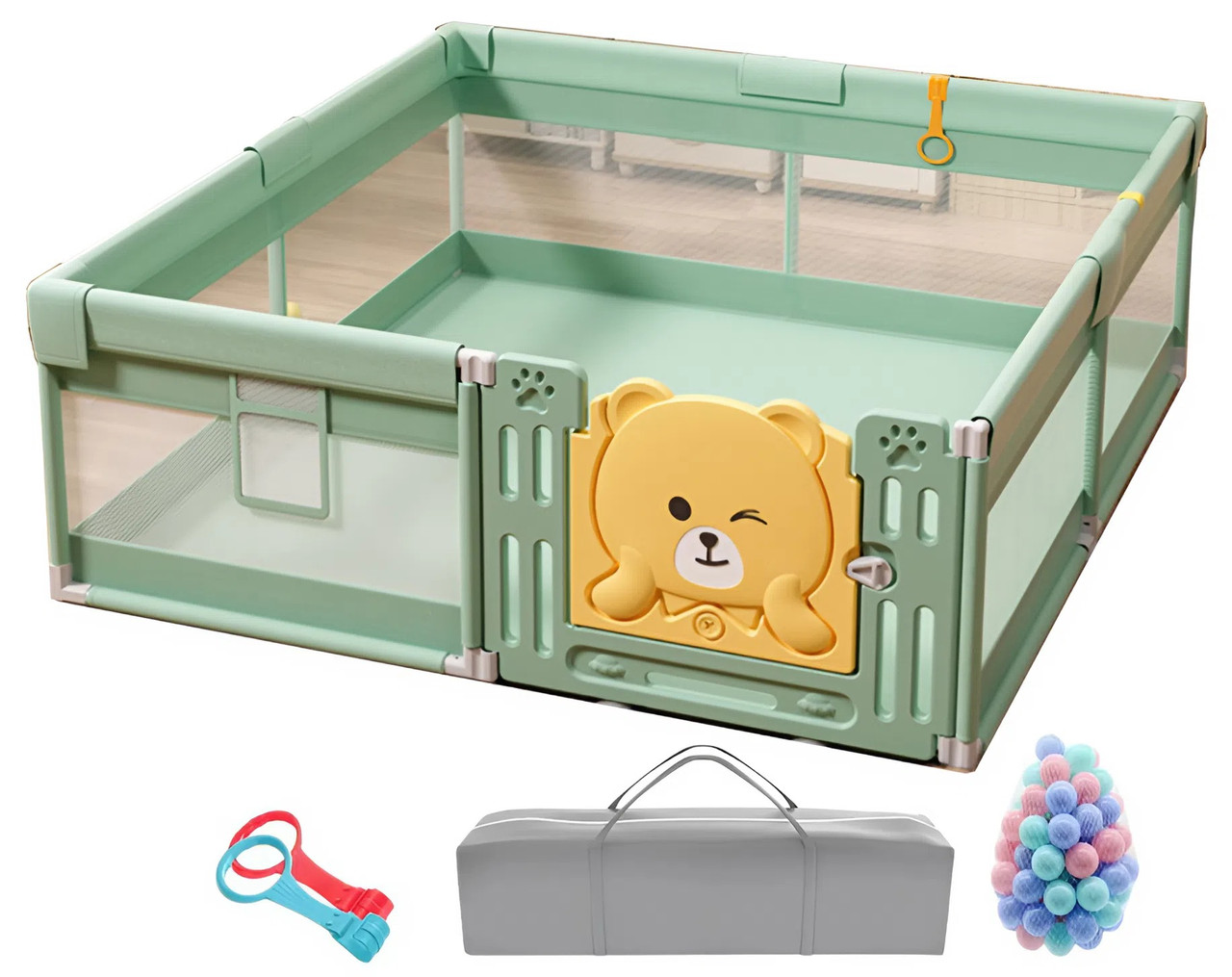 Дитячий манеж Terrio Teddy XL 180х200см Салатовий з пластиковими дверима, двома ручками і 60 різнокольоровими м'ячами, фото 1