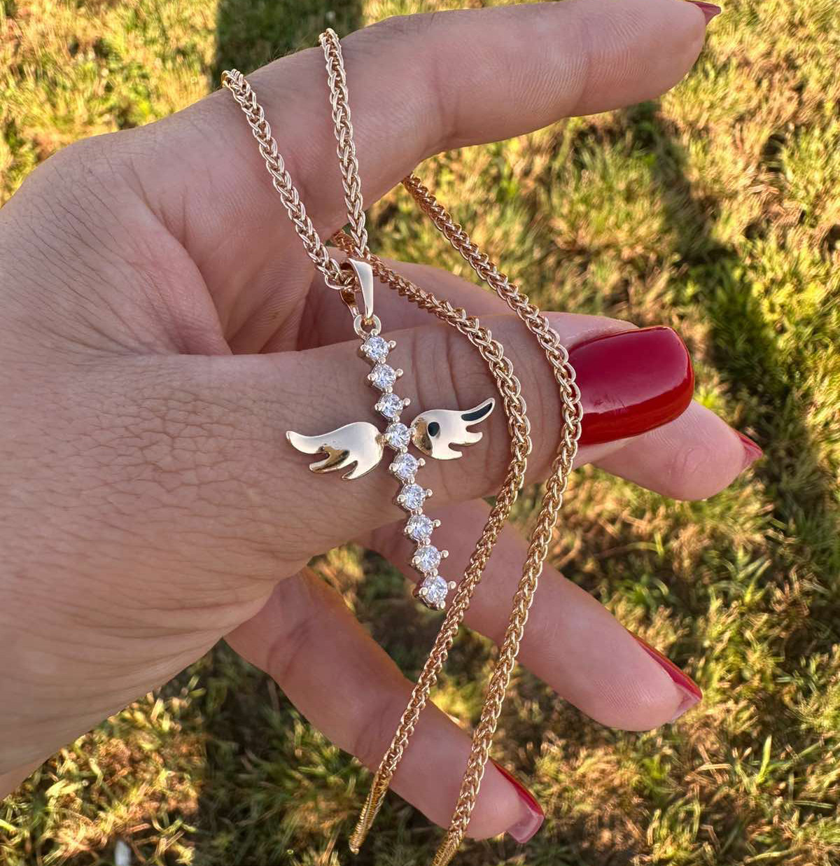 Набір Ланцюжок 45 см (3,5 мм) + Хрестик з крилами 3 см (18к колір золота 585п) 76-19, фото 1