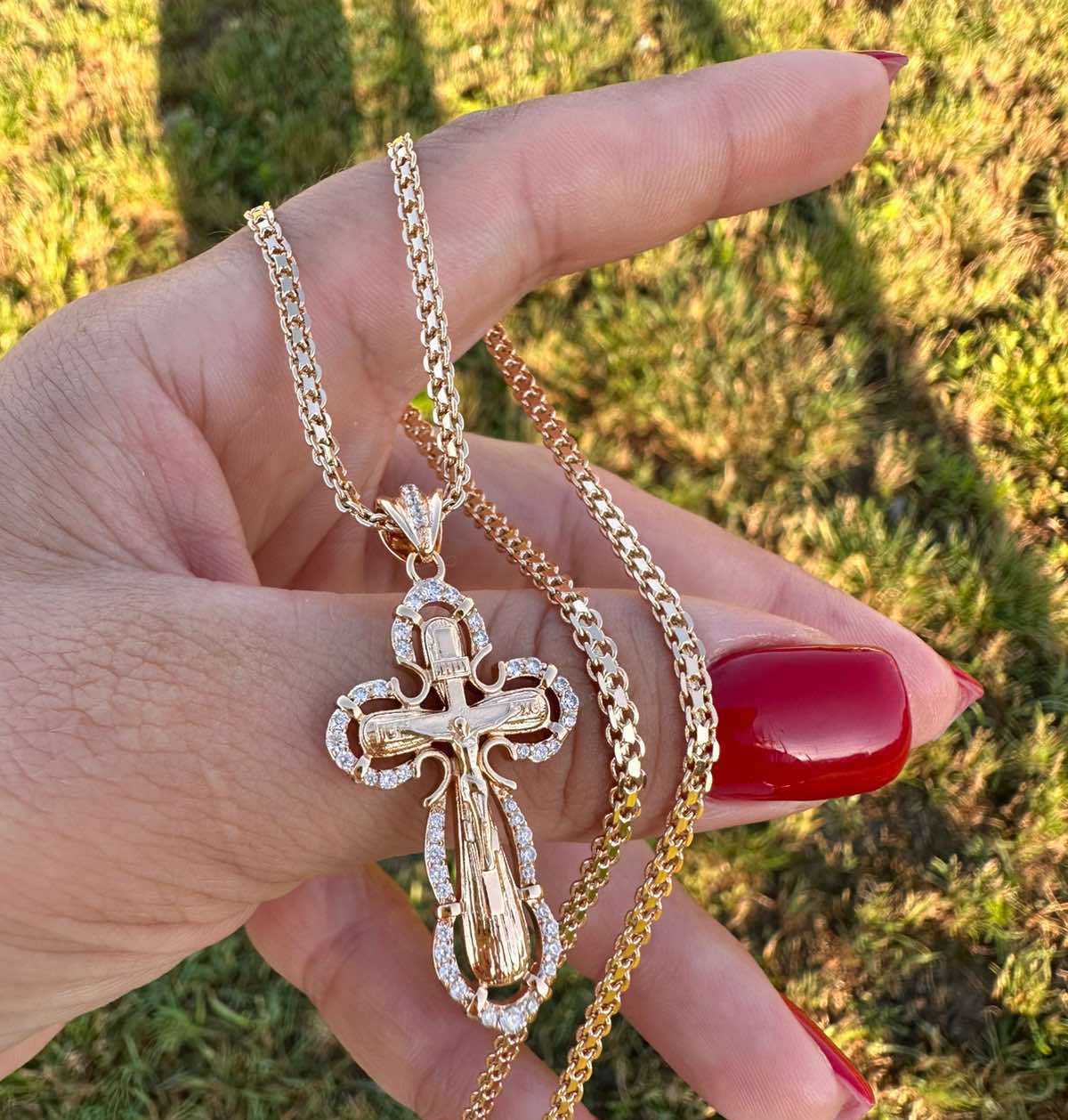 Набір Ланцюжок 60 см (3 мм) + Хрестик з камінцями 3 см (18к колір золота 585п) 76-22, фото 1