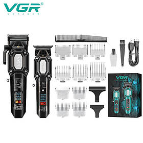 Комплект VGR 2 в 1 V-600&900 BLACK, акумуляторна машинка для стриження (clipper) і тример, 10 насадок, LED