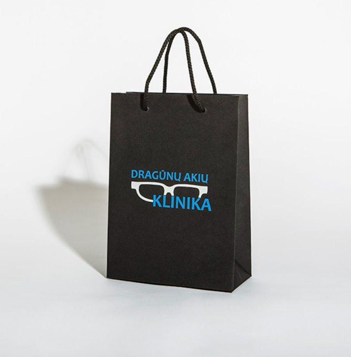 Фірмовий паперовий пакет з логотипом 10х15х5 см Чорний колір Матове ламінування Шнур або атласна стрічка, фото 1