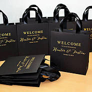 Фірмовий паперовий пакет з логотипом 10х15х5 см Чорний колір Матове ламінування Шнур або атласна стрічка, фото 2