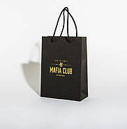 Фірмовий паперовий пакет з логотипом 10х15х5 см Чорний колір Матове ламінування Шнур або атласна стрічка, фото 3