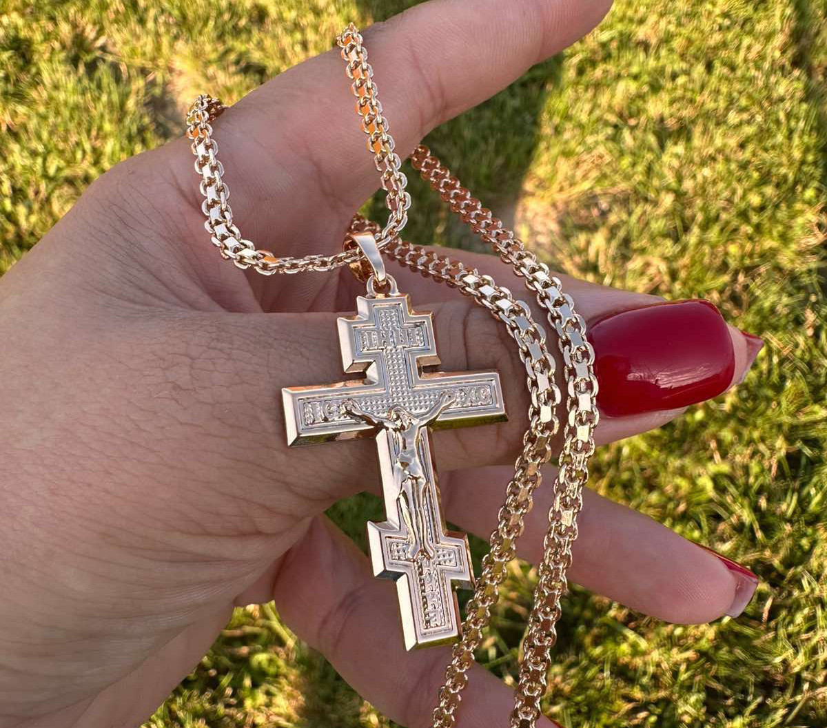 Набір Ланцюжок Бісмарк 50 см (4 мм) + Хрестик з розп'ятям 4 см (18к колір золота 585п) 76-23, фото 1