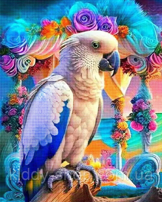 Діамантова вишивка. Картина на підрамнику "Перлинний папуга", 40х50см, квадратні стрази, фото 1