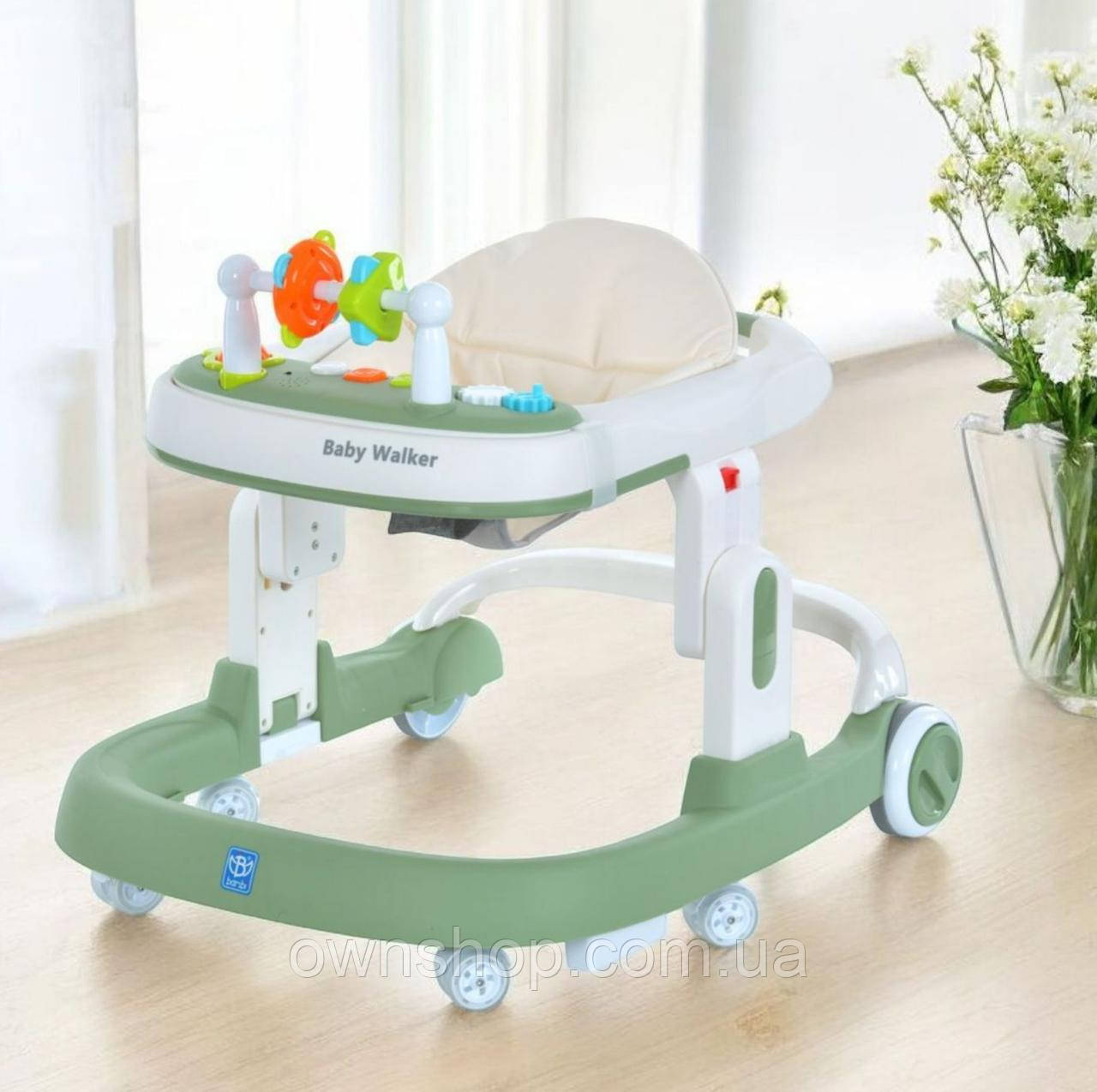 Ходунки зі знімною музичною панеллю M 5032L-, стопор, силіконові колеса, шкіряне сидіння, фото 1