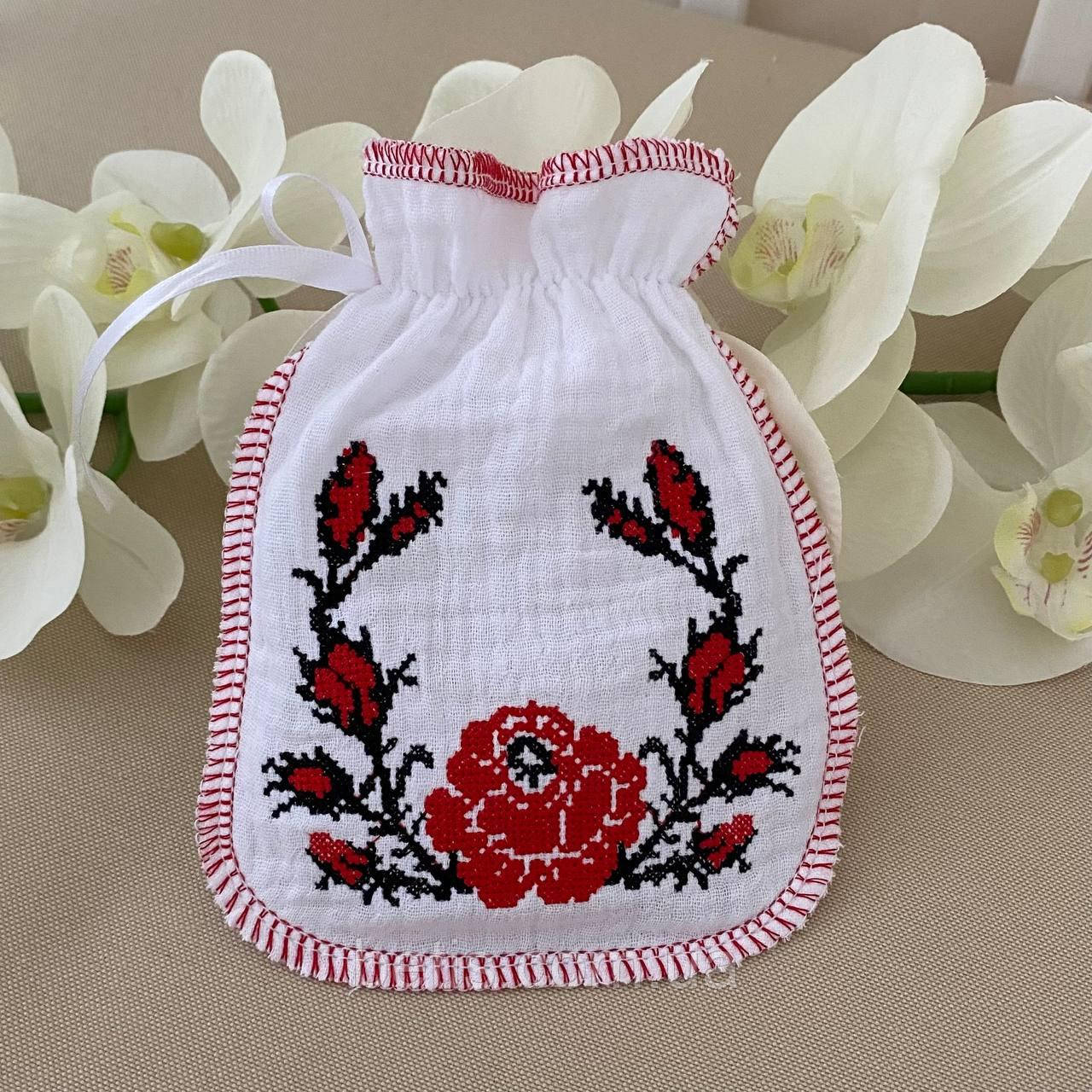 Мішечок "Ружа" аксесуар для хрещення Білий/чевоний Муслін арт.91450241