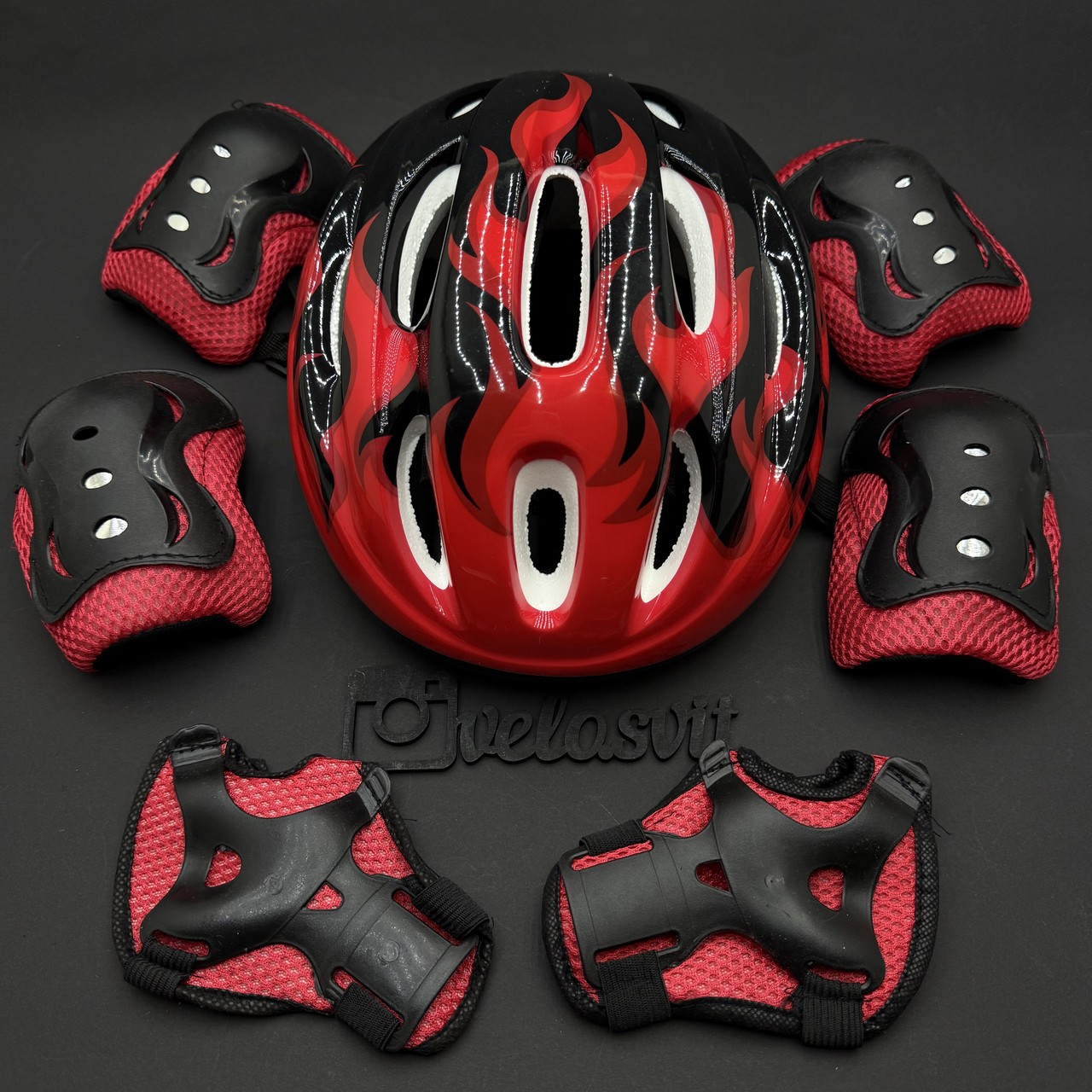 Комплект захисту для підлітків без регулювання розміру, налокітники, наколінники, рукавички + ШЛЕМ, фото 1