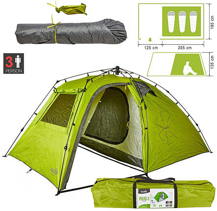 Тримісний намет Norfin Peled 3 | Двошарова трекінгова палатка з автоматичним каркасом і просторим тамбуром для туризму/риболовлі, фото 1