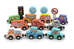 Поїзд дерев'яний на магнітах 49325 машинки спецтехніка дорожні знаки